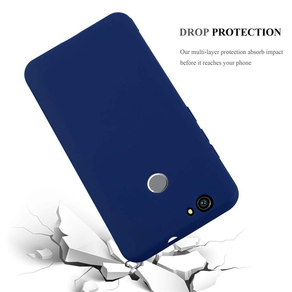 Custodia blu per telefono su superficie incrinata. Testo: Protezione dalle cadute. La custodia è aperta.