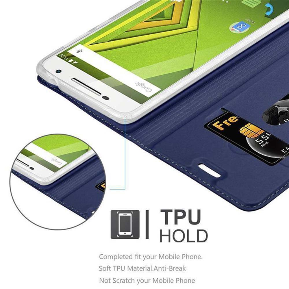 Custodia blu con telefono dentro. Mostra una carta e testo: TPU HOLD. Logo Google visibile.
