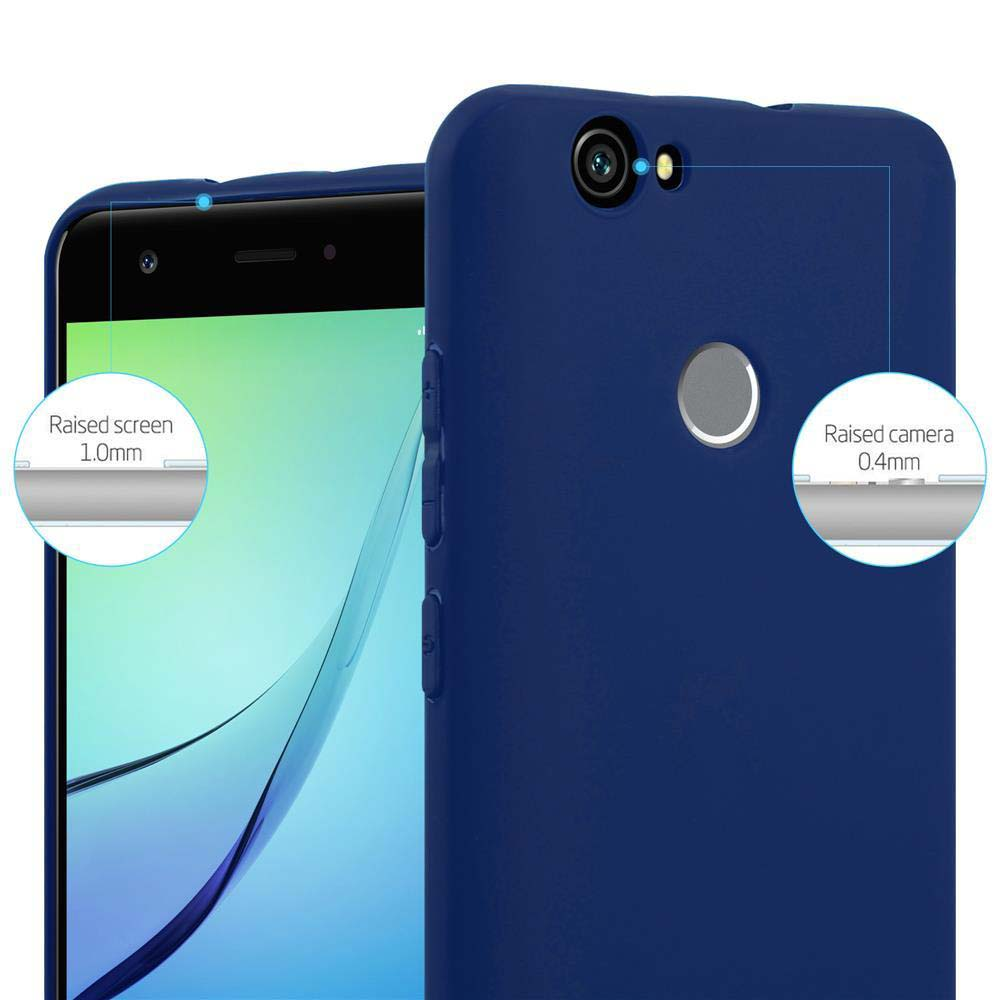 Una custodia blu con un telefono all'interno. Il testo mostra le misurazioni: Schermo rialzato 1,0 mm. Fotocamera rialzata 0,4 mm.