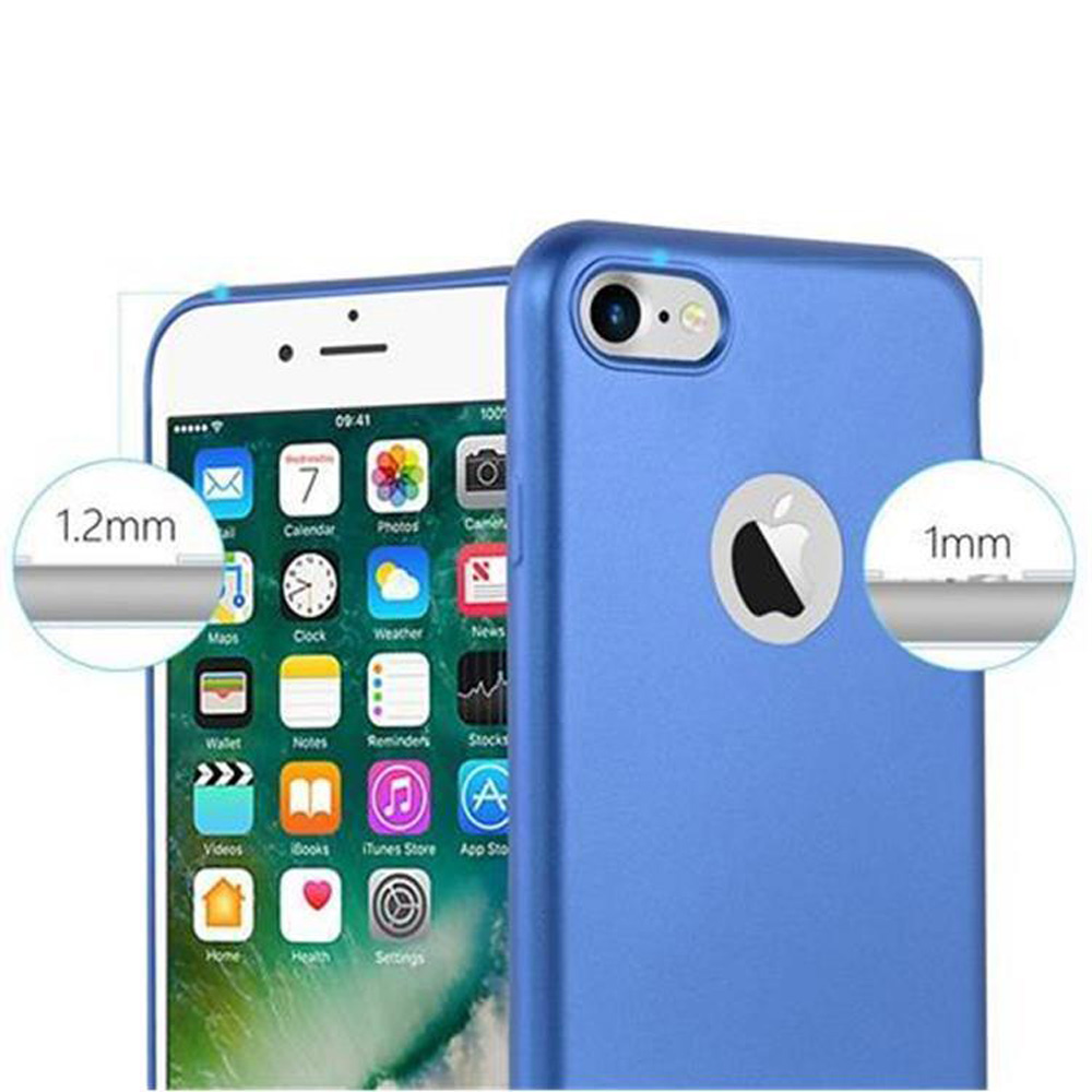 Due telefoni affiancati, uno in una custodia blu. Mostra il display e i dettagli della custodia.