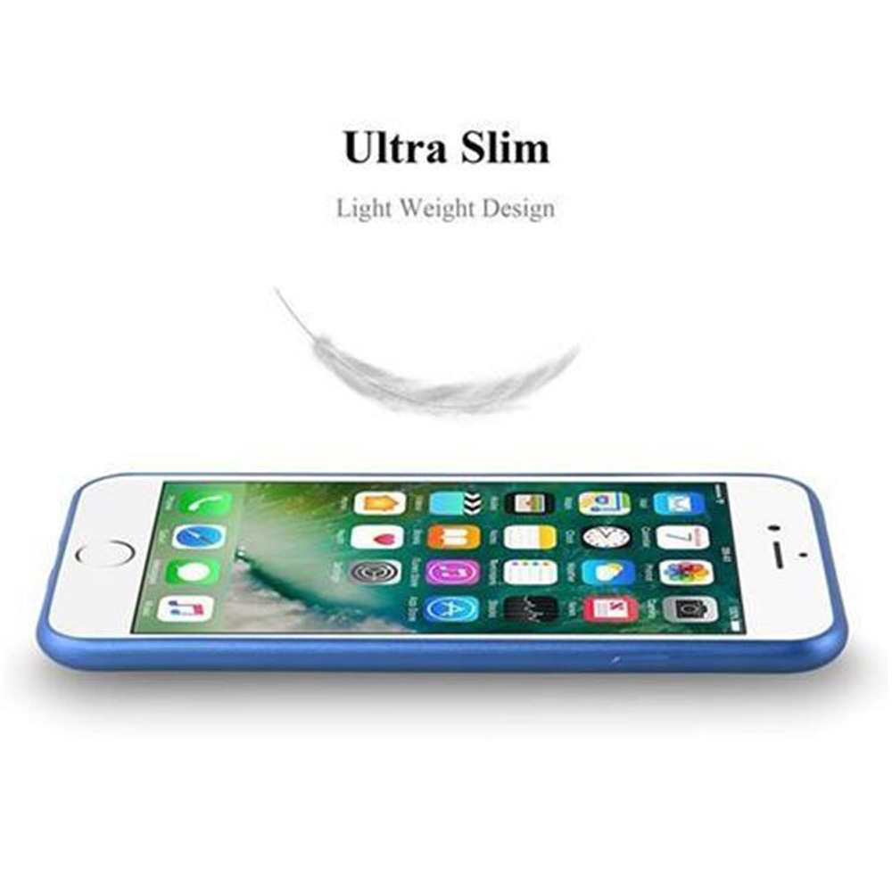 Custodia per telefono blu. Design ultra sottile. Telefono in basso. Il telefono è bianco e ha una custodia blu.