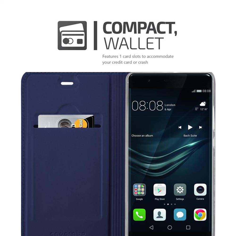 Smartphone in blauer Brieftasche mit Kartenfach. Text: Kompakte Brieftasche.