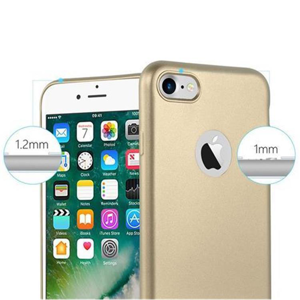 Un telefono d'oro con custodia. La custodia ha un logo Apple bianco. Il telefono ha uno schermo.