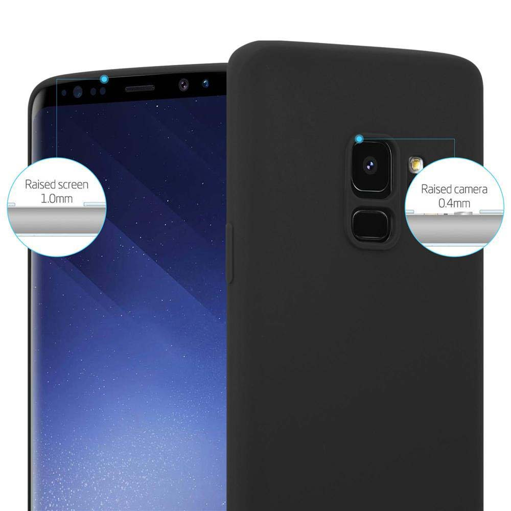 Telefono e custodia neri che mostrano aree rialzate dello schermo e della fotocamera, per protezione e sicurezza.