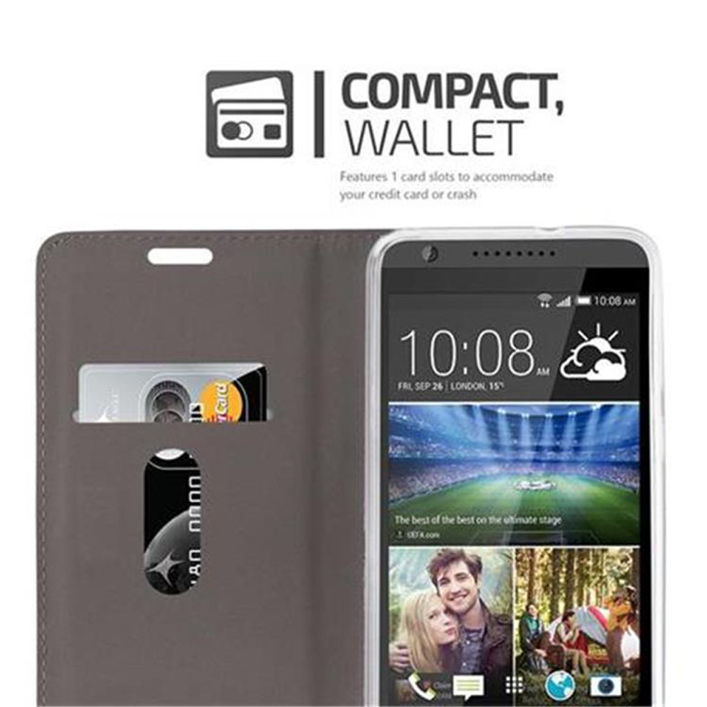 Custodia grigia con fessura per carte, che tiene un telefono. Lo schermo mostra l'ora.