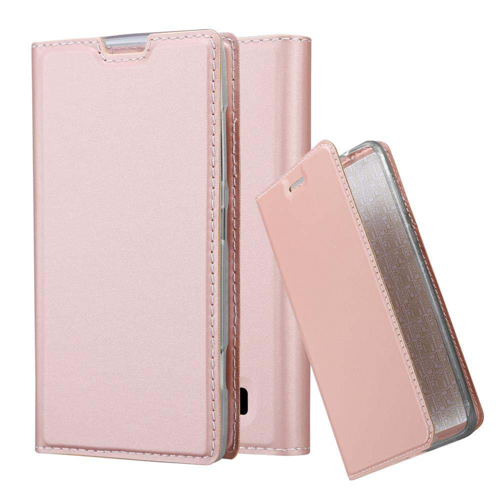 Funda de teléfono rosa con un teléfono dentro. La funda está abierta y de pie. Fondo blanco.
