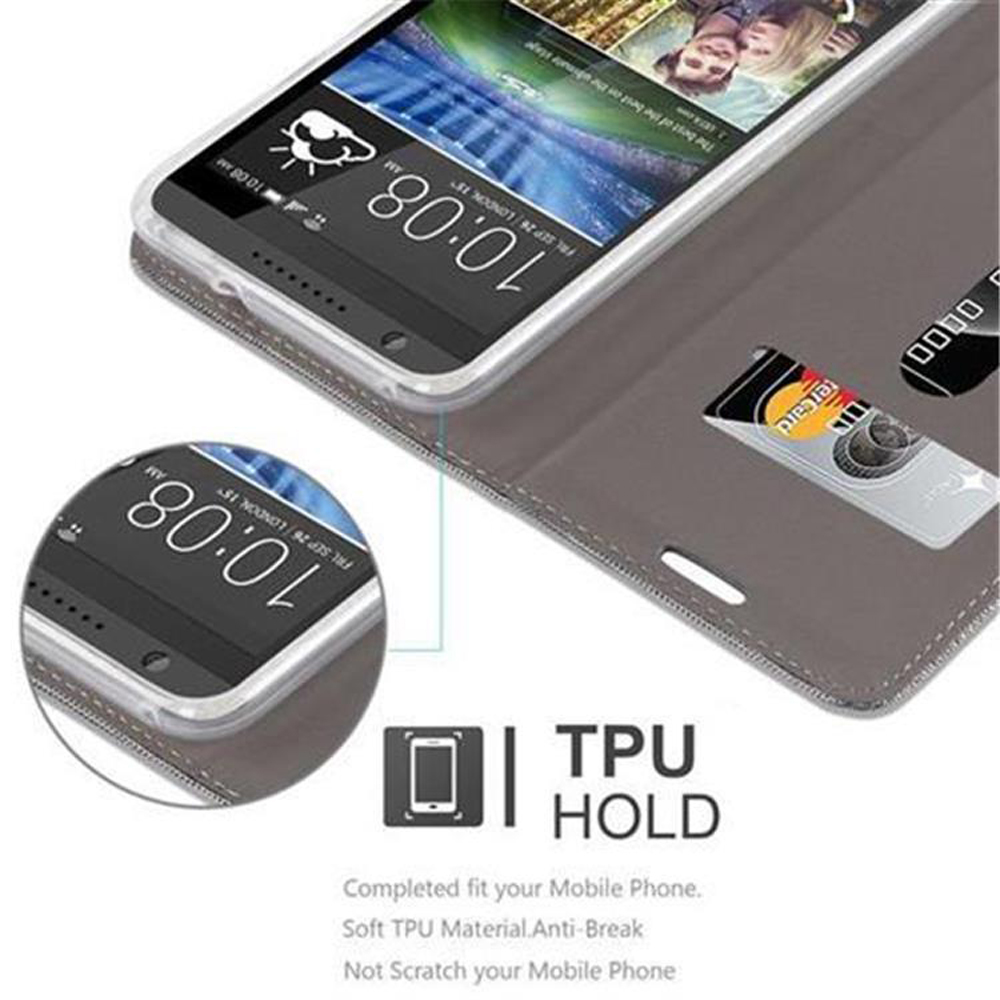 Una custodia grigia per telefono con un telefono all'interno. Il testo dice TPU Hold. È visibile una carta di credito.