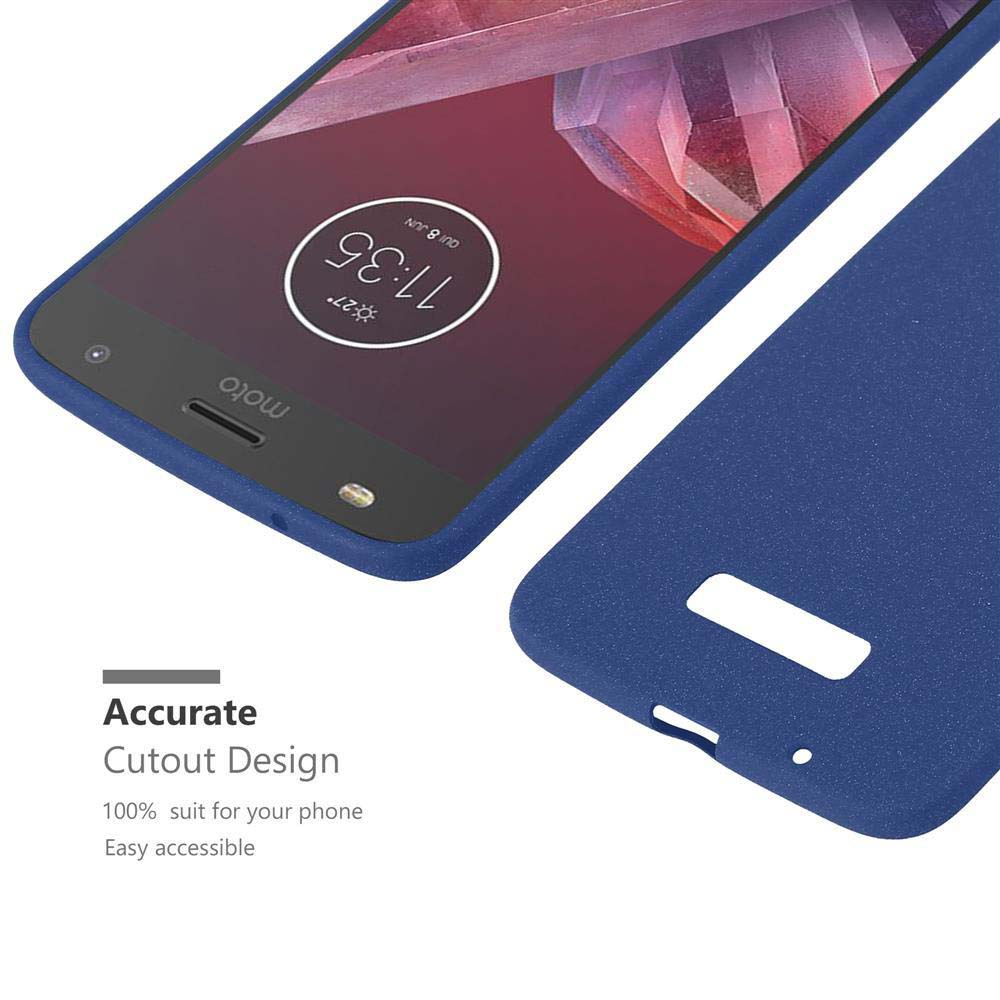 Funda azul con teléfono dentro, mostrando la hora y la palabra moto.