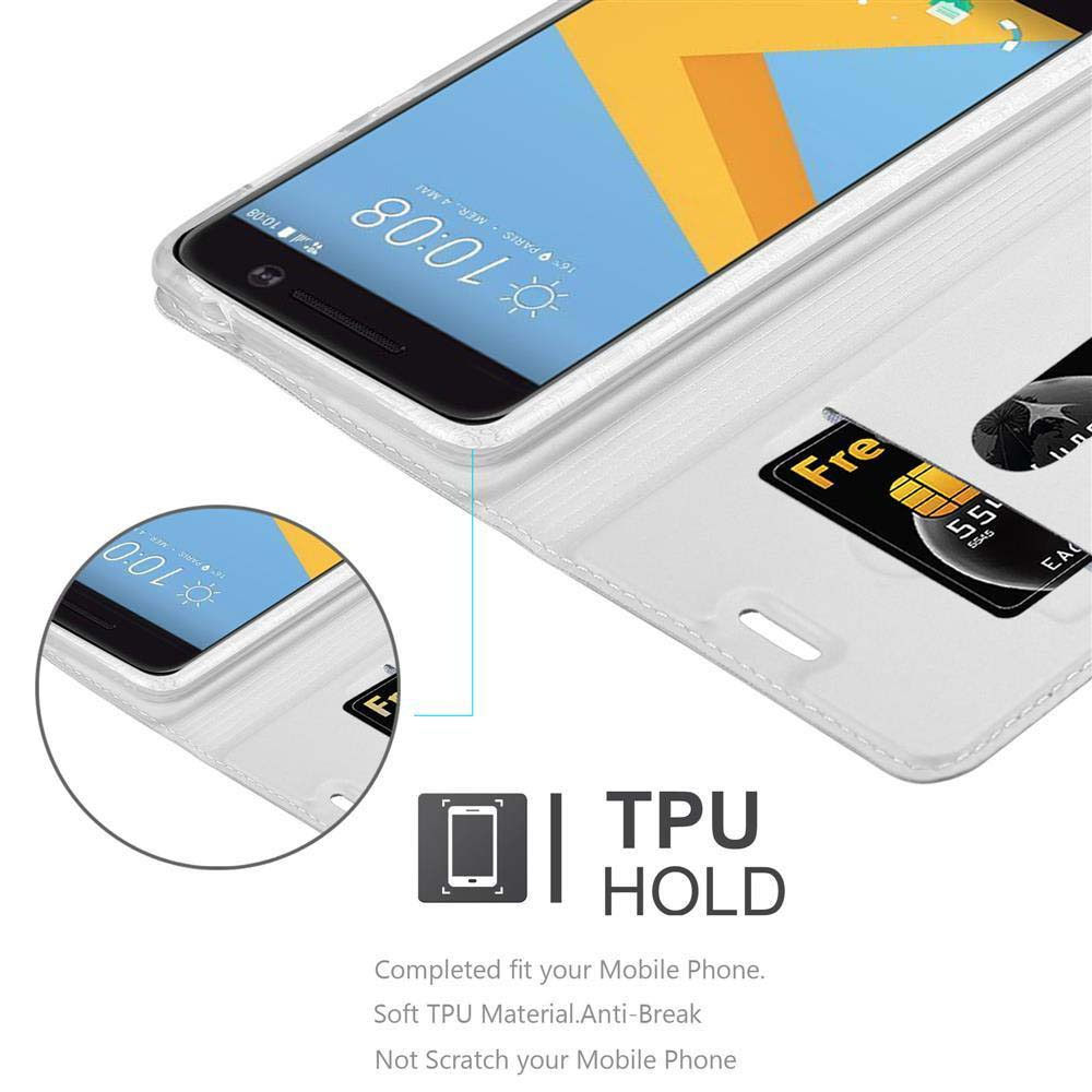 Un telefono bianco in una custodia in TPU bianca, con una cover bianca che mostra una carta di credito.