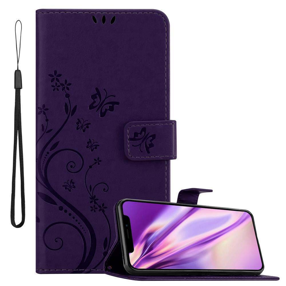 Lila Handyhülle mit Telefon darin. Die Hülle hat ein Blumendesign und einen Riemen.