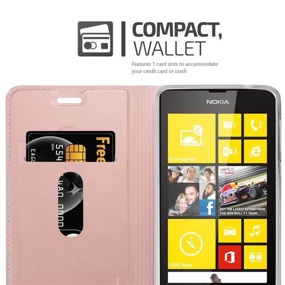 Funda de teléfono con ranura para tarjetas y contenido en pantalla. Texto: Compacto, cartera. 1 ranura.