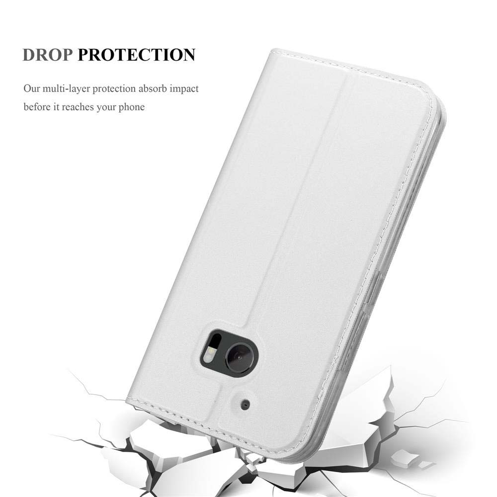 Custodia bianca per telefono con il telefono all'interno, con design di protezione dalle cadute e superficie incrinata.