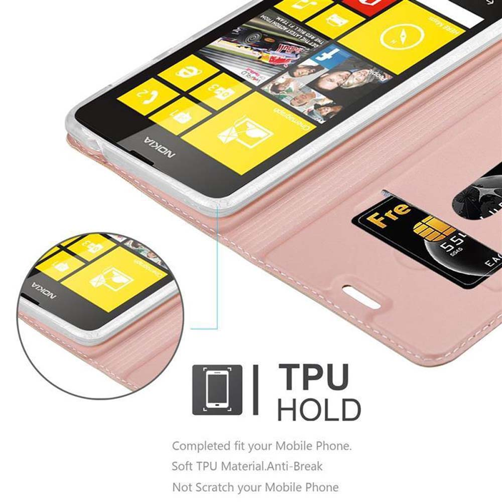 Smartphone en funda rosa con tarjeta de crédito. La pantalla muestra un menú.