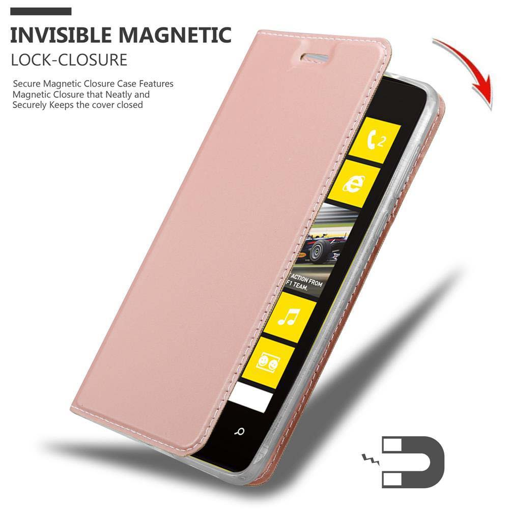 Funda rosa con cierre magnético. La pantalla del teléfono es visible, mostrando iconos.
