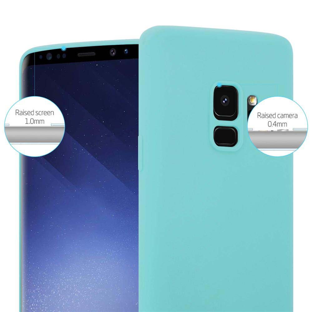 Due telefoni con custodie turchesi. Primi piani mostrano schermo e fotocamera rialzati. Le custodie sono turchesi.