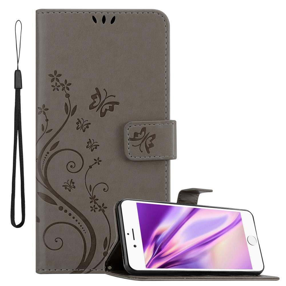 Graue Handyhülle mit Handy. Die Hülle hat ein Blumendesign. Ein zweites Handy ist im Hintergrund sichtbar.