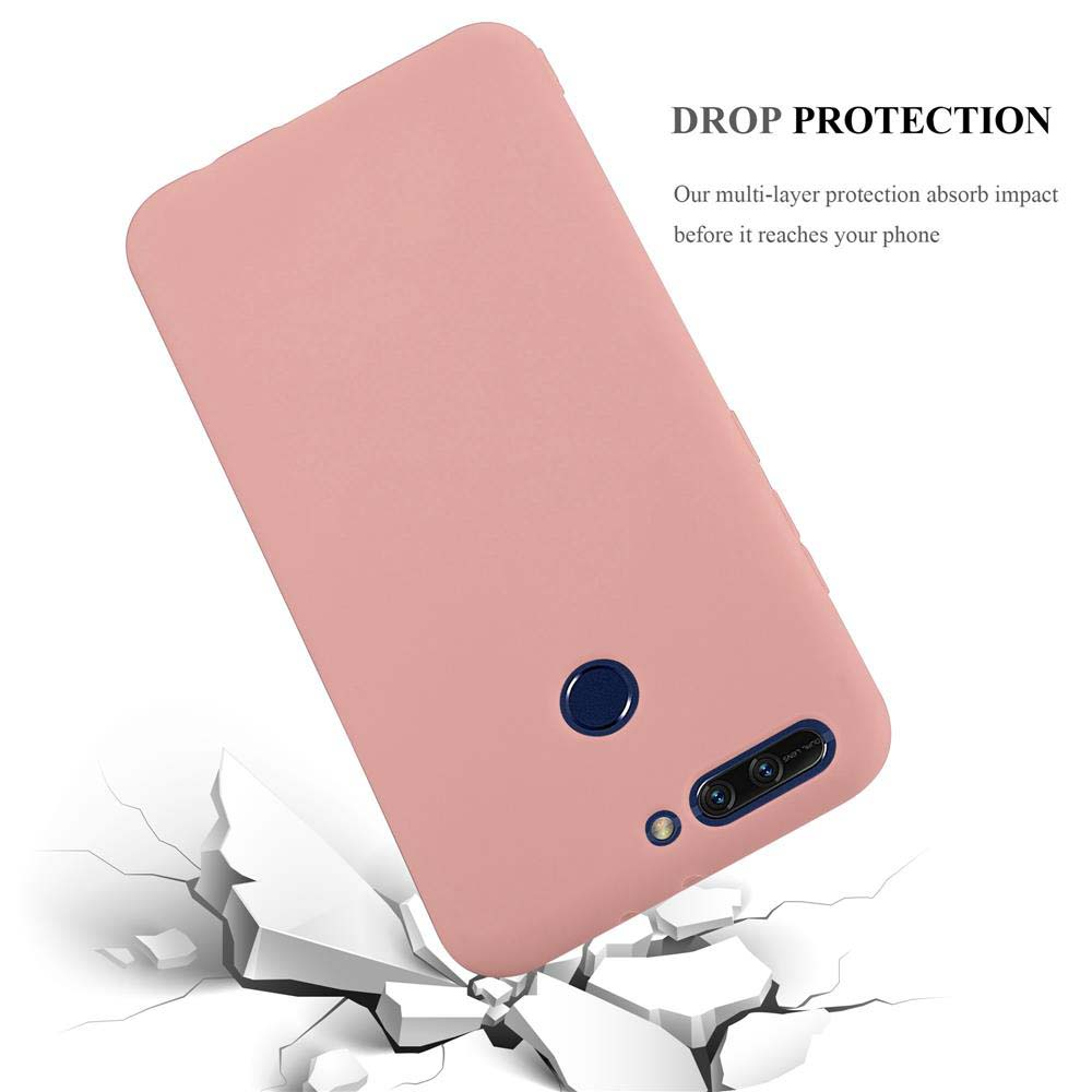 Custodia rosa su una superficie crepata. Testo: Protezione dalle cadute.
