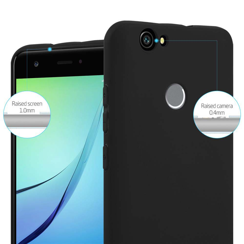 Telefono nero con custodia nera. Testo: Schermo e fotocamera rialzati. Fotocamera cerchiata.