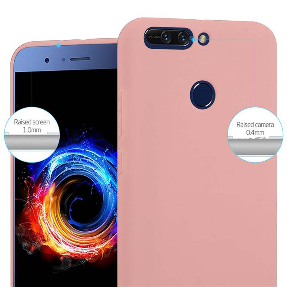 Custodia rosa per telefono con telefono all'interno, primo piano della fotocamera e dello schermo.