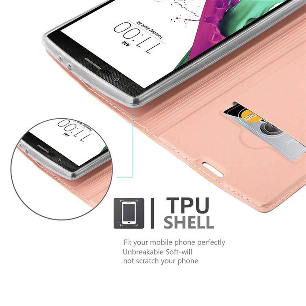 Ein Telefon befindet sich in einer rosa Hülle, und eine Karte ist darin. Text: 'TPU SHELL', erwähnt perfekte Passform und weiches Material.
