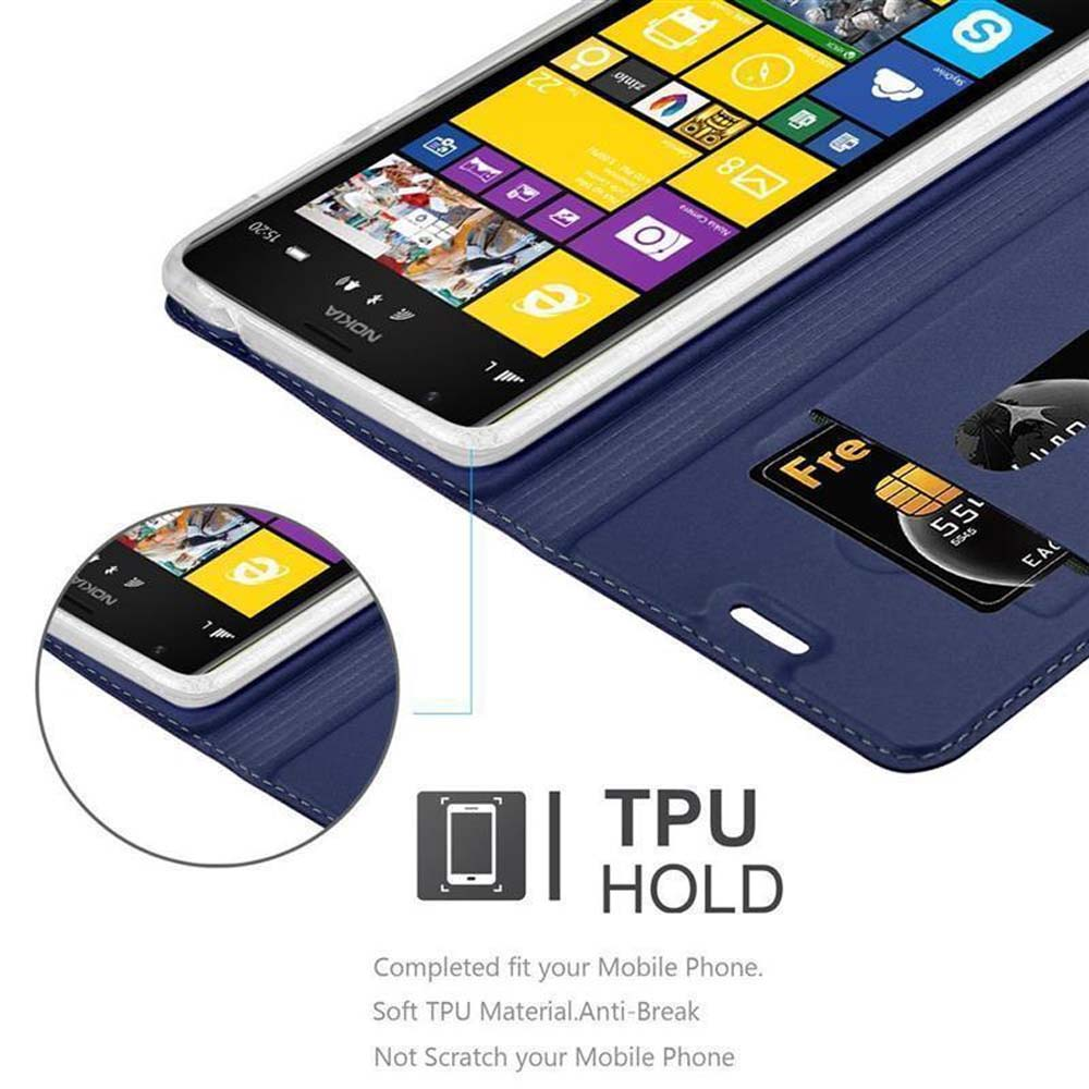 Un telefono in una custodia blu. Una carta di credito è in uno slot. Il testo sottostante dice: TPU Hold. Adattamento completo.