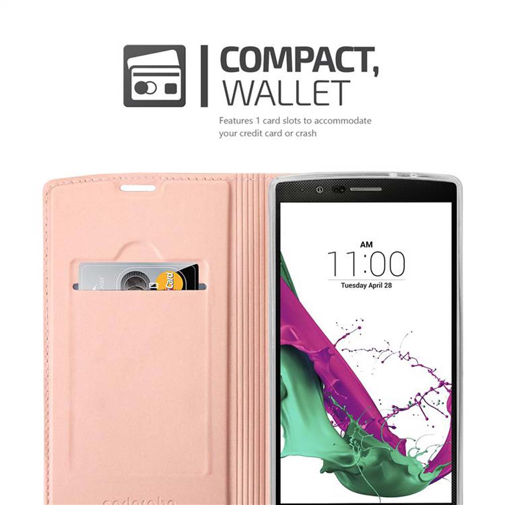 Rosa Handyhülle mit Kreditkartenfach und Smartphone mit Uhrzeitanzeige.