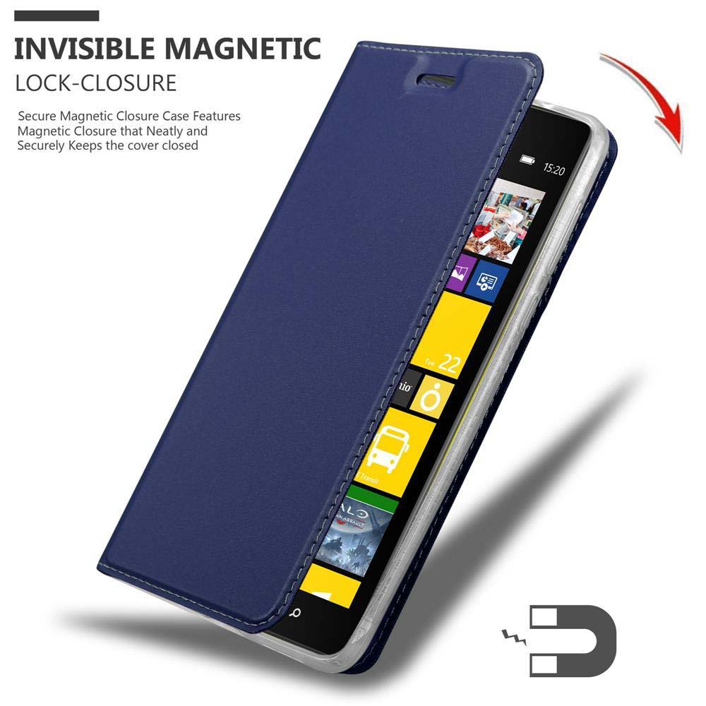 Custodia blu per telefono con telefono all'interno, con icone sullo schermo e chiusura magnetica.