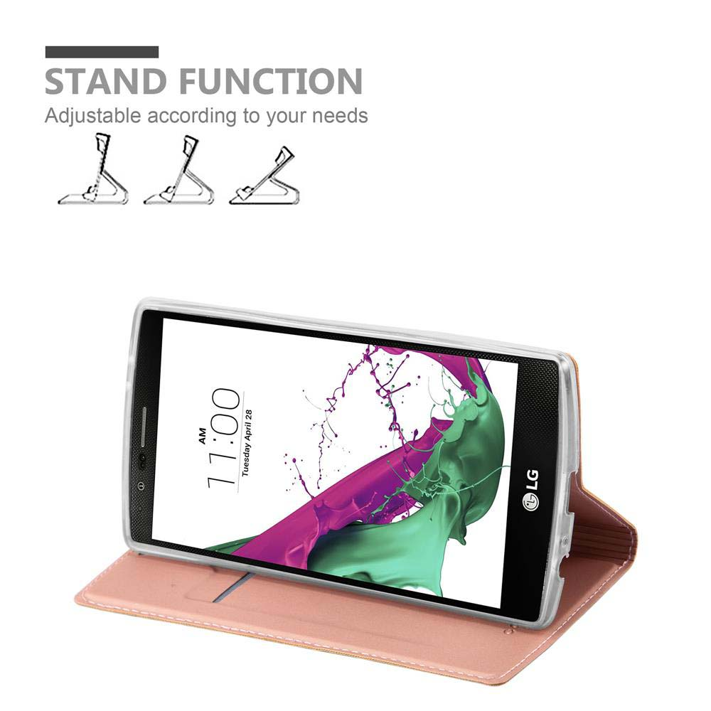 Telefon in einer Folio-Hülle, die aufrecht steht. Das Telefon zeigt einen Bildschirm mit farbenfrohem Design und der Uhrzeit.
