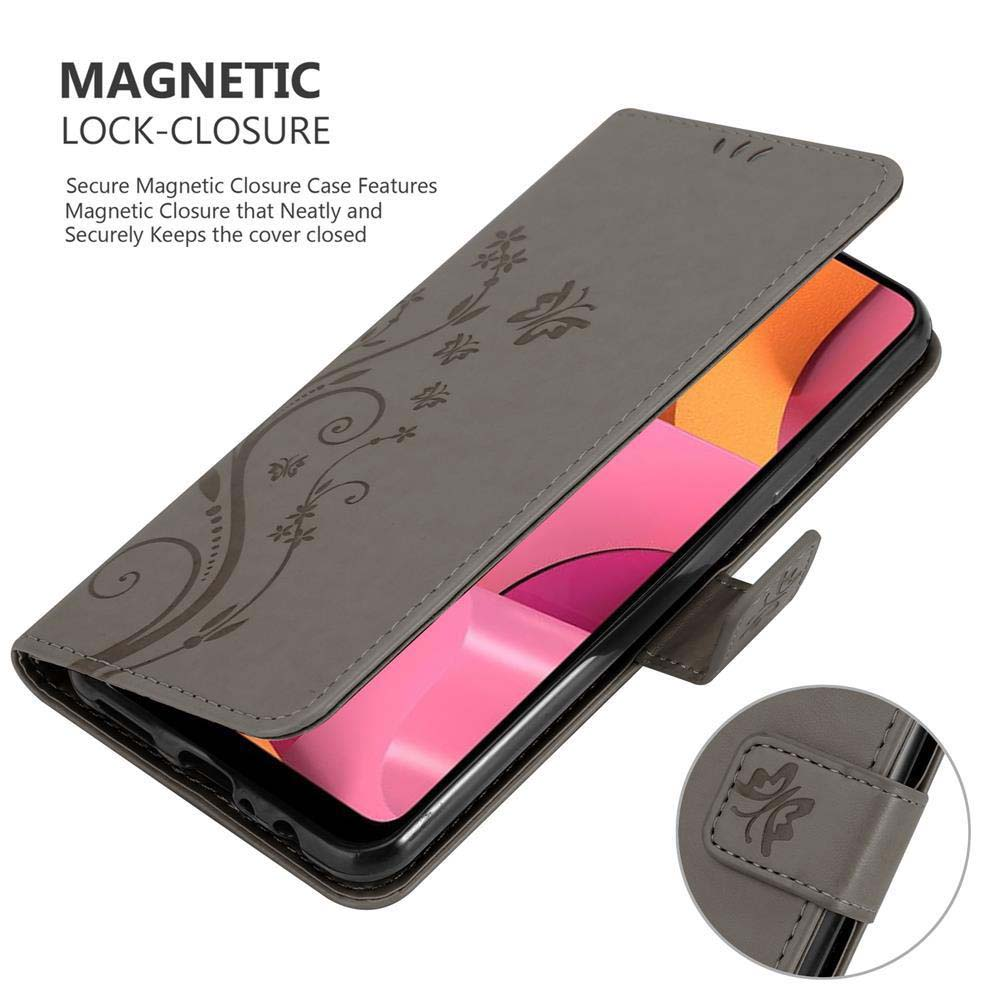 Telefono in una custodia grigia. Chiusura magnetica è scritto in alto.