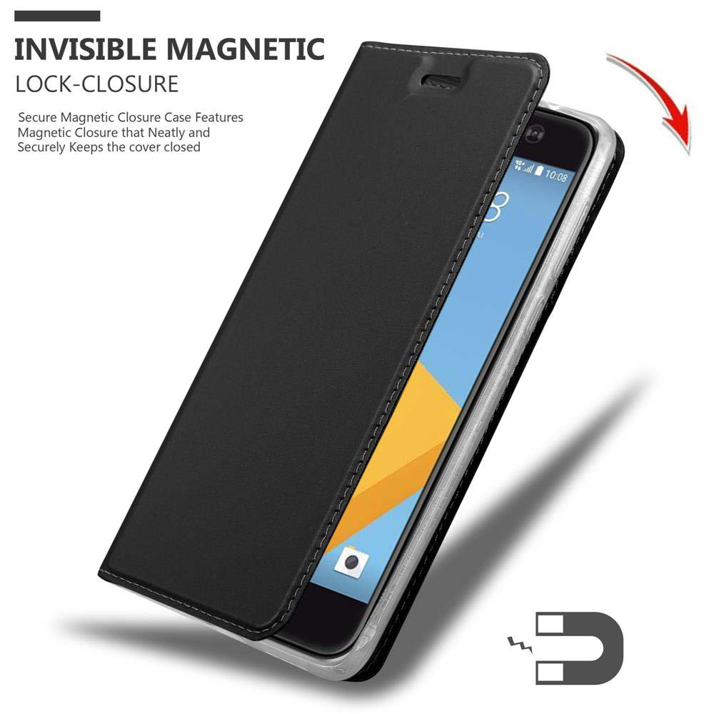 Custodia per telefono nera con coperchio aperto, un telefono all'interno e un'icona di chiusura magnetica.