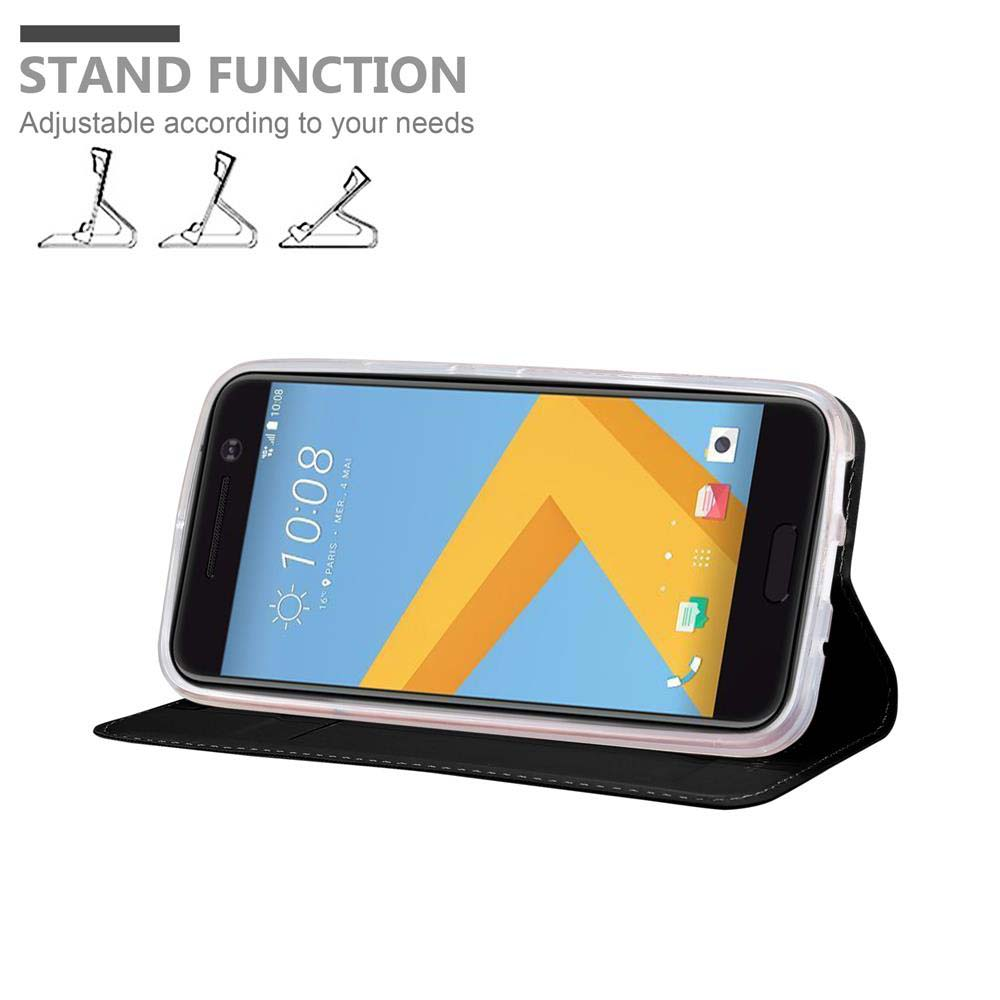 Smartphone in una custodia nera, schermo che mostra l'ora. Funzione stand con posizioni regolabili.