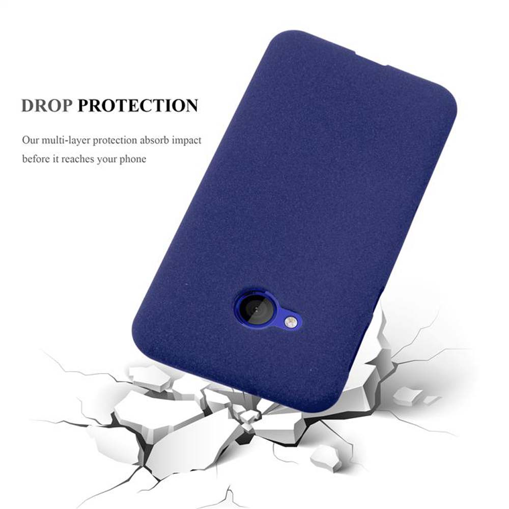 Una custodia per telefono blu è mostrata con il telefono che cade a pezzi. Il testo recita 'Drop Protection'.