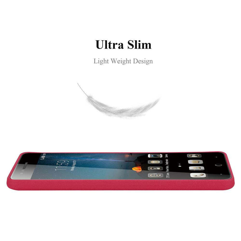 Telefono rosso in una custodia. Testo: Ultra sottile, design leggero.