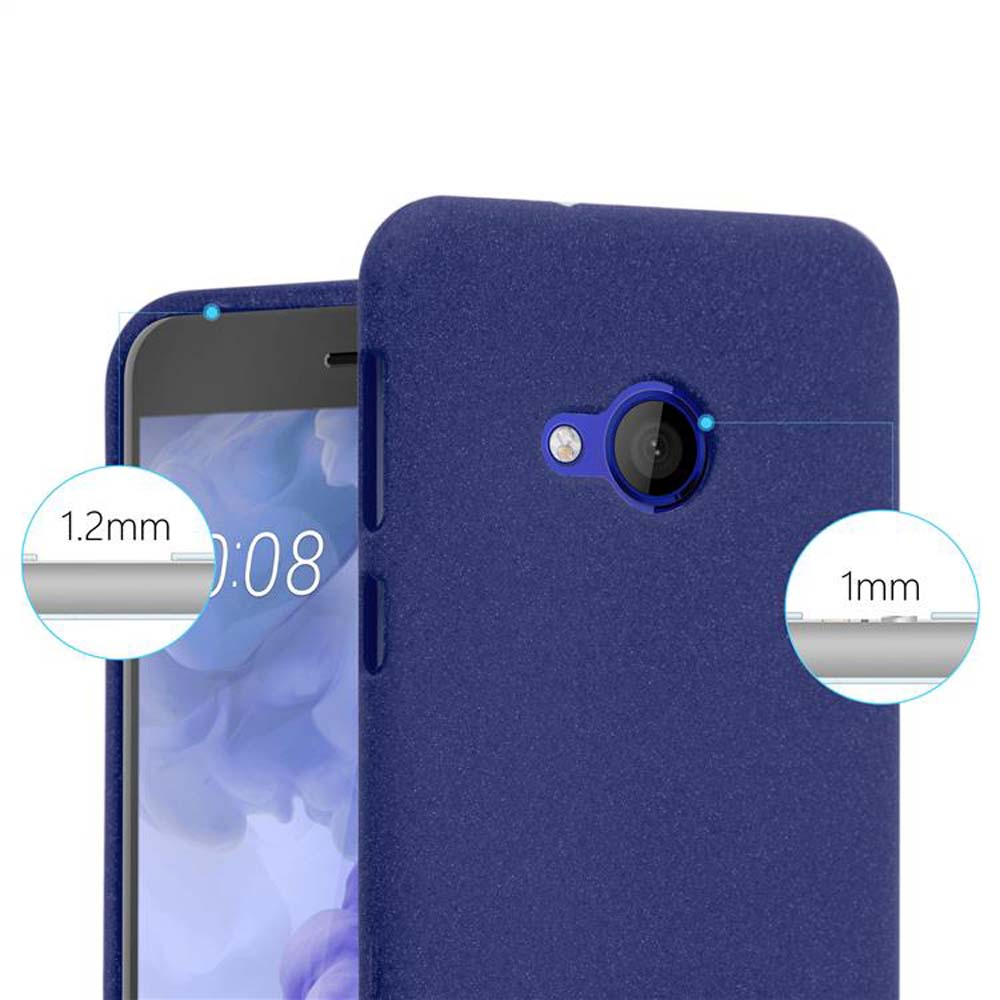 Custodia blu per telefono, con misure intorno alla fotocamera.