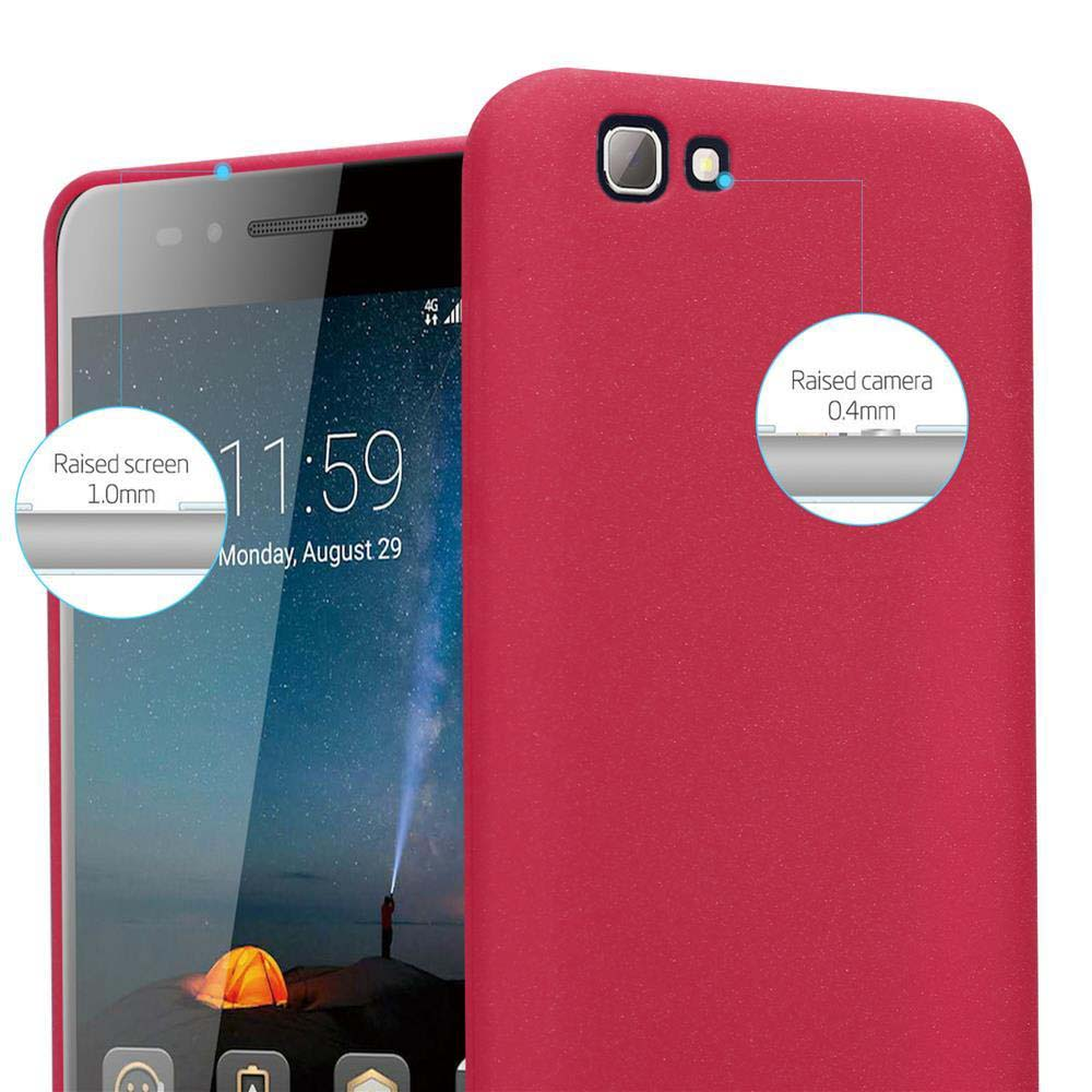 Custodia rossa con telefono che mostra data e ora. Il telefono ha schermo e fotocamera rialzati.