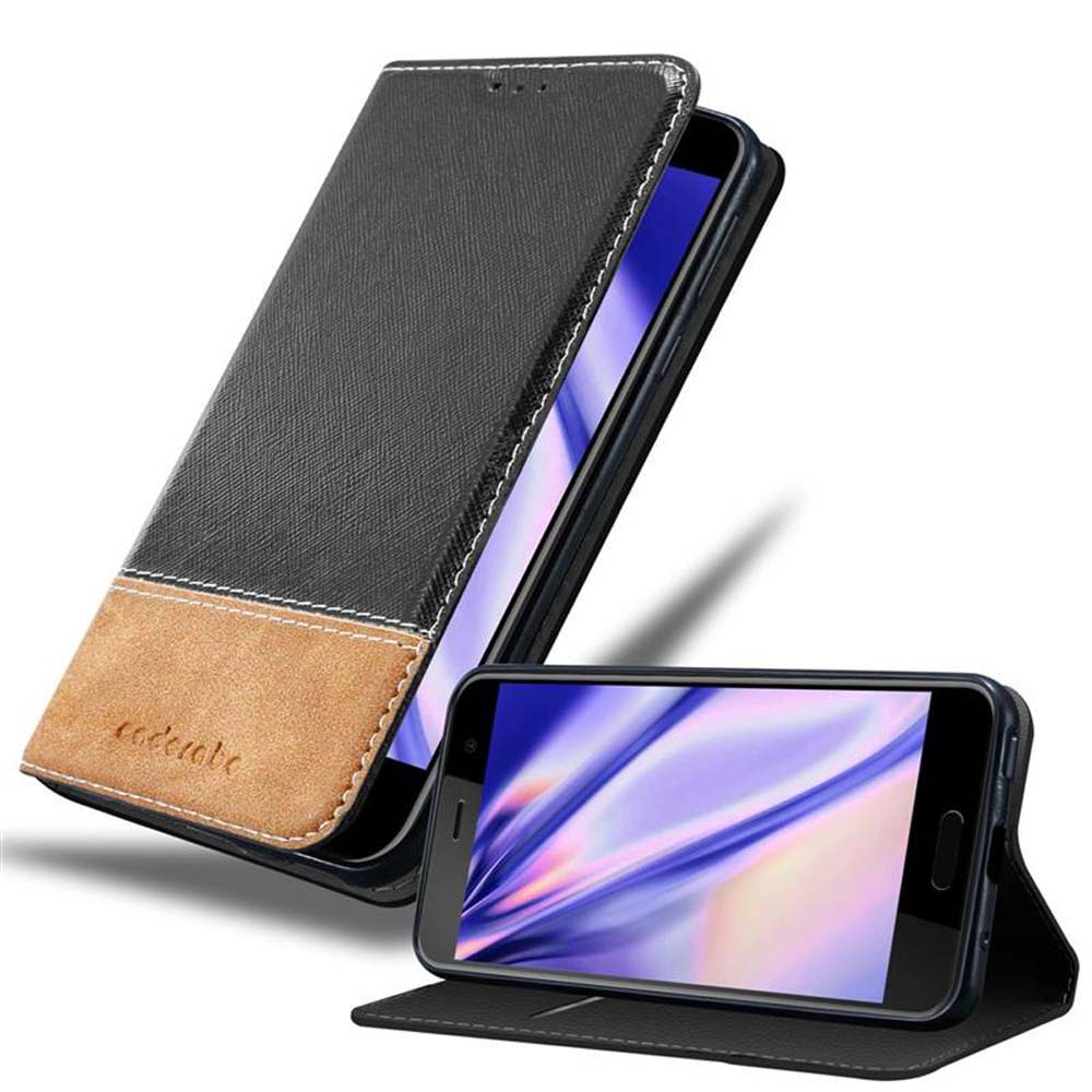 Custodia nera e marrone con telefono all'interno e aperta, che mostra lo schermo. Un altro telefono è nella custodia.