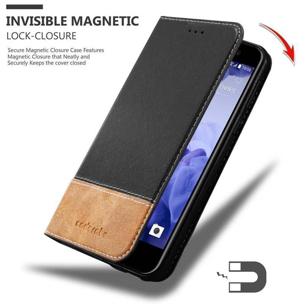 Telefono in custodia con chiusura magnetica invisibile, design nero e marrone.