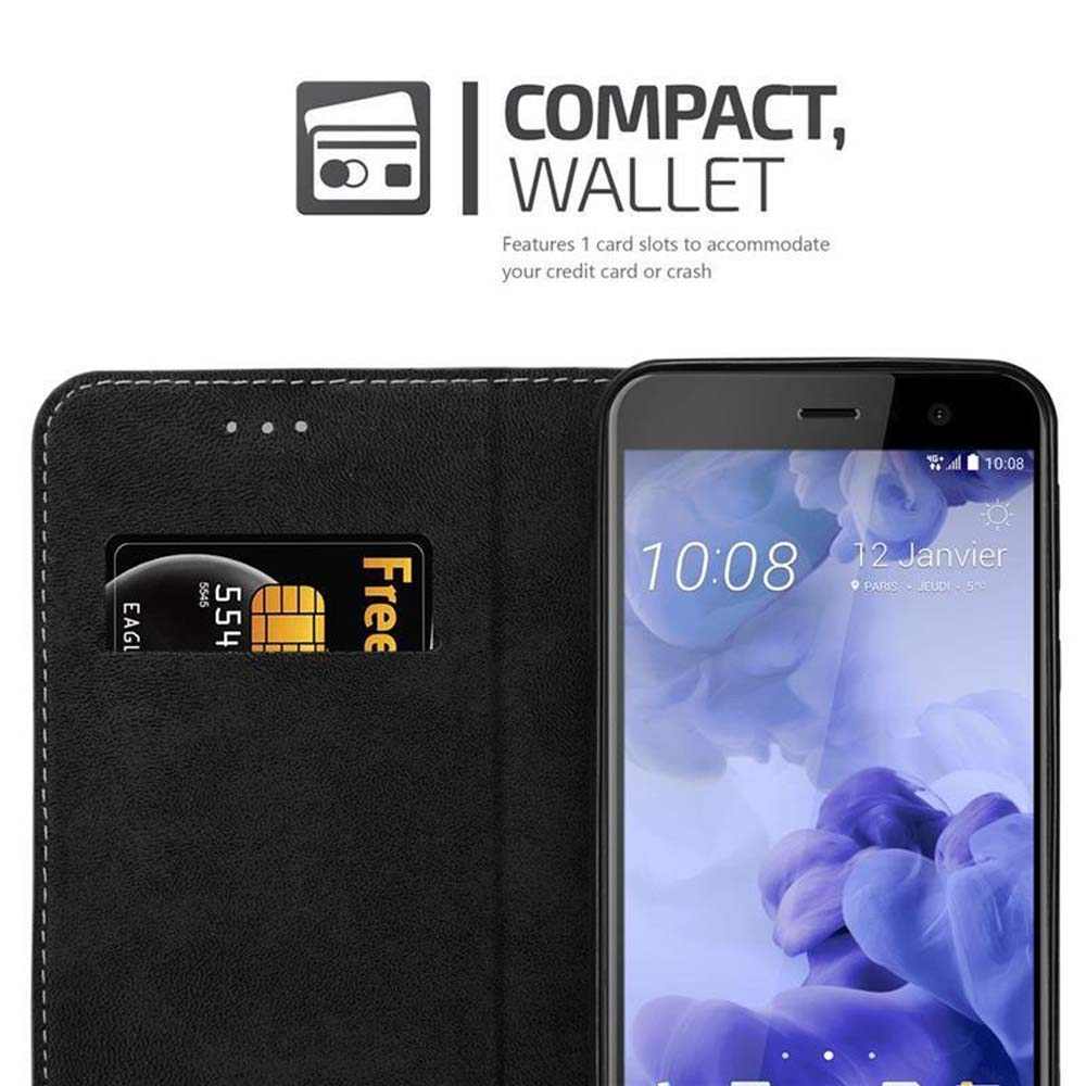 Telefono in una custodia a portafoglio con fessura per carte, testo 'COMPACT, WALLET'.