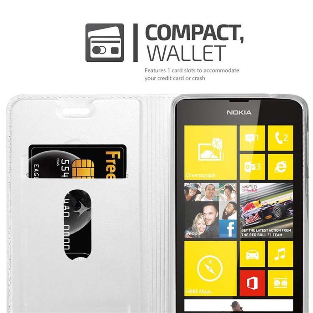 Funda blanca para teléfono con teléfono dentro, ranuras para tarjetas y vista de la pantalla.