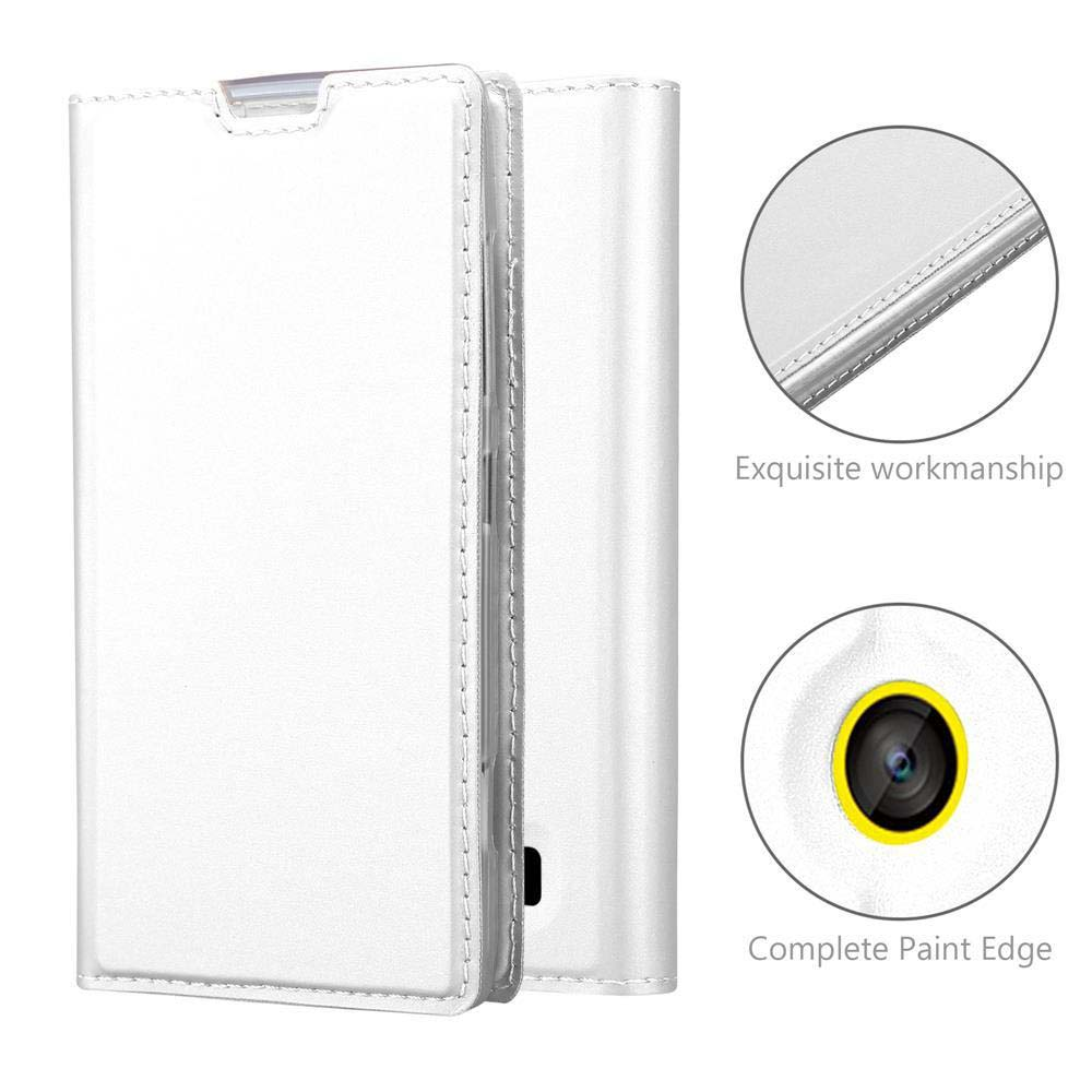 Funda de teléfono blanca, abierta y cerrada, con detalles de la mano de obra y el borde.