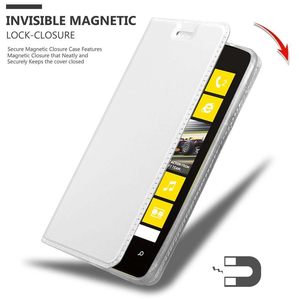 Funda de teléfono blanca, abierta, que muestra la pantalla del teléfono. Texto: Cierre magnético invisible. Un símbolo de imán.