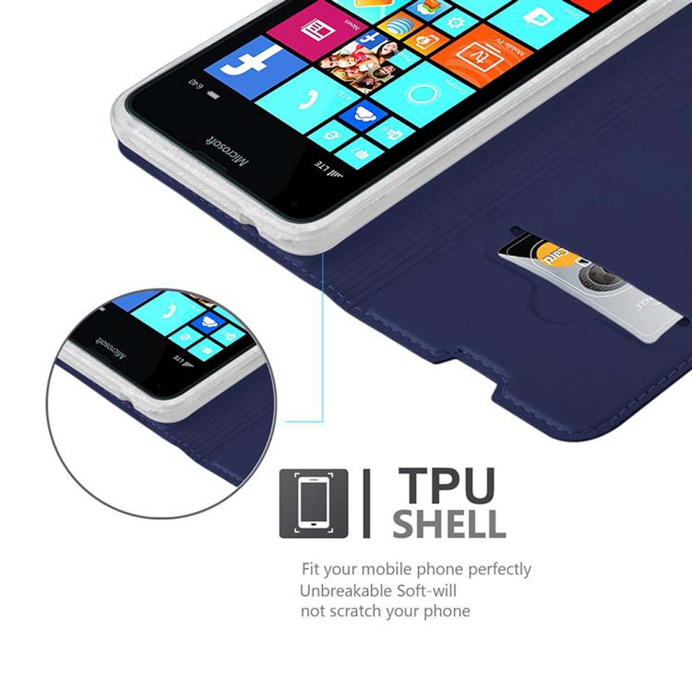 Teléfono en una funda. La funda es azul. El teléfono tiene aplicaciones en la pantalla. Un logo dice TPU SHELL.
