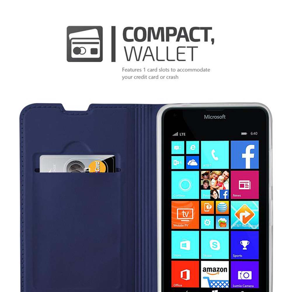 Un teléfono en una funda tipo cartera azul, que muestra la ranura para tarjetas y la pantalla del teléfono.
