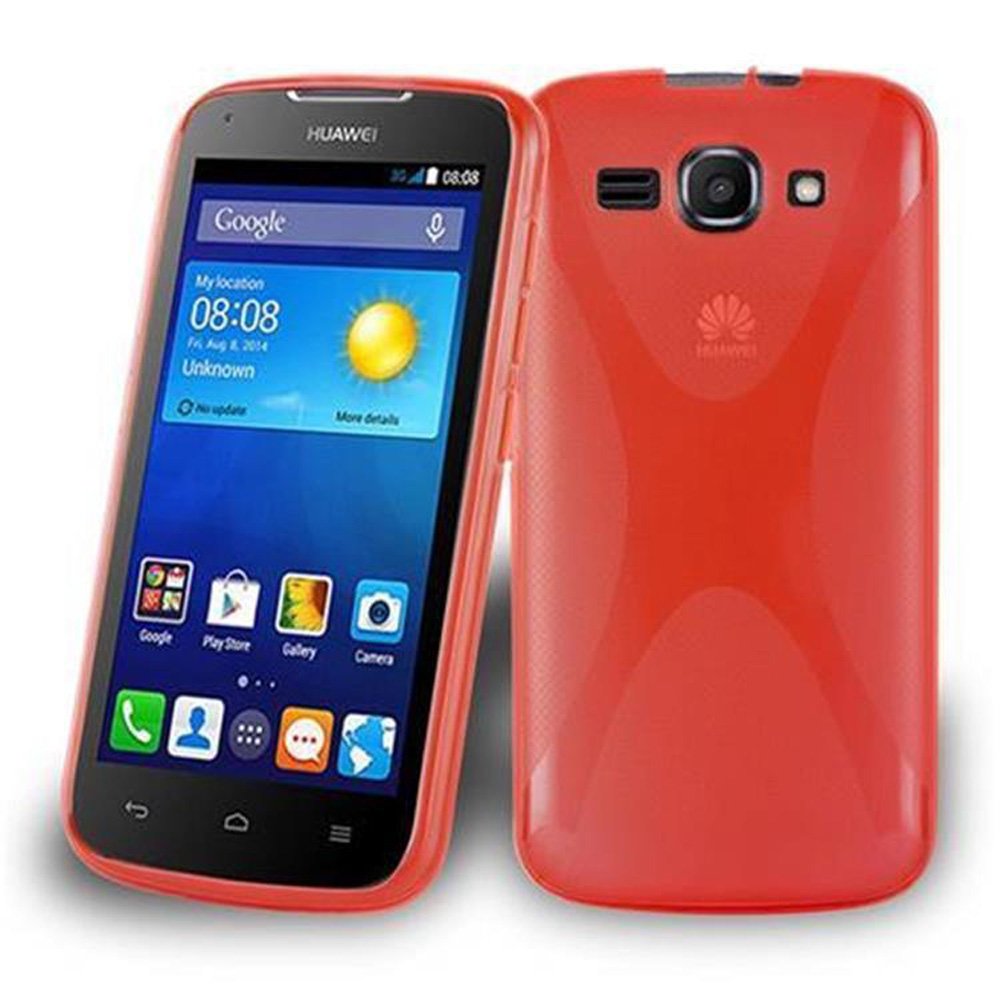 Telefono Huawei rosso con interfaccia Google. Custodia rossa sul retro. Dispone di una fotocamera.