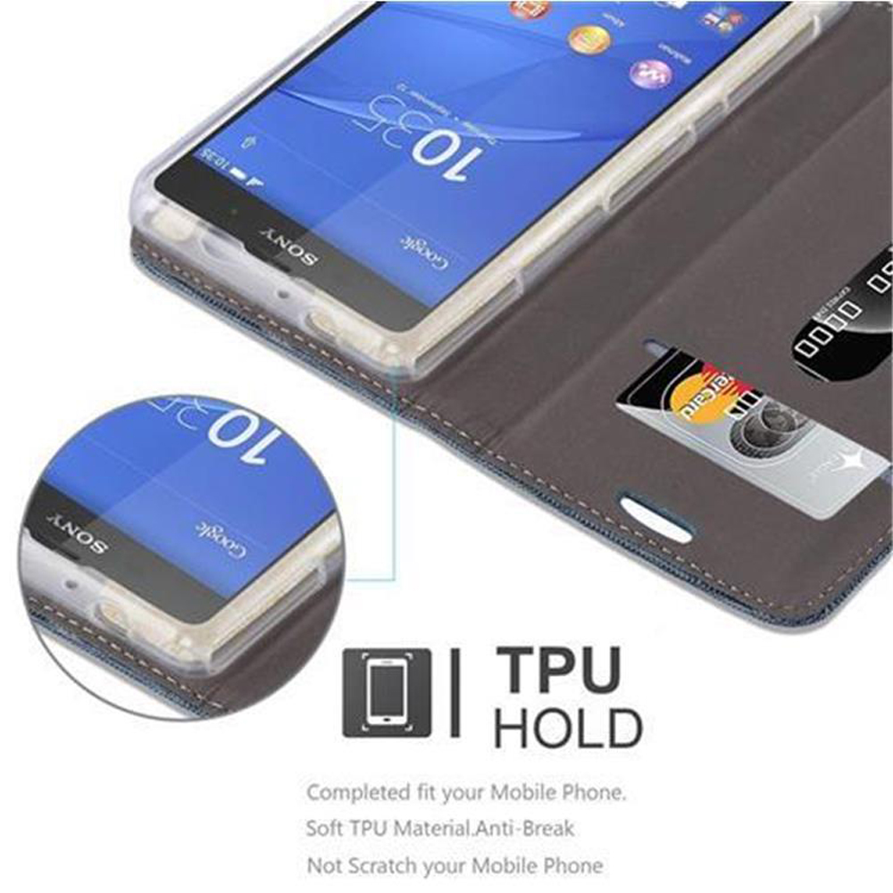 Custodia per telefono con telefono all'interno. La custodia ha uno slot per schede. Il telefono mostra l'ora. Sfondo bianco.