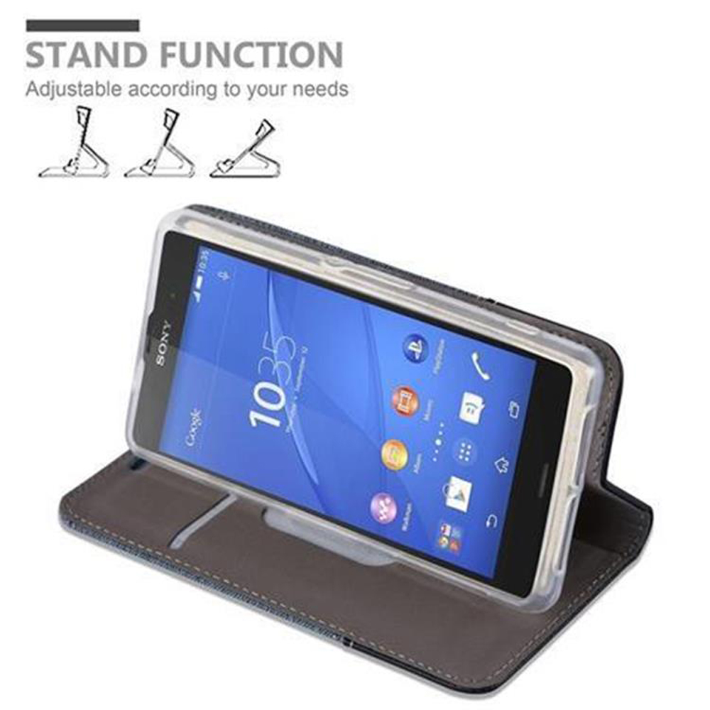 Telefono in custodia, aperto, con funzione supporto. Telefono Sony. Lo schermo mostra l'ora.