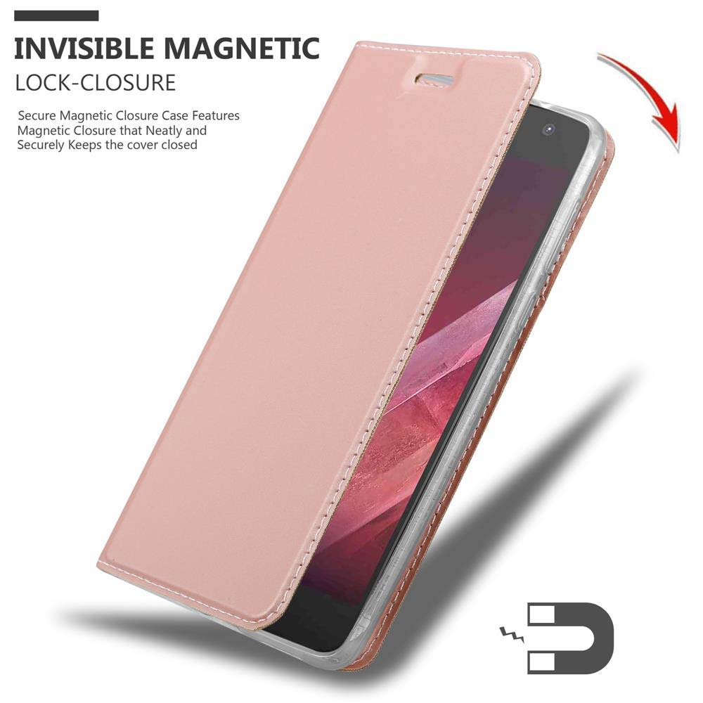 Custodia rosa per telefono con chiusura magnetica invisibile. Custodia aperta che mostra il telefono all'interno.