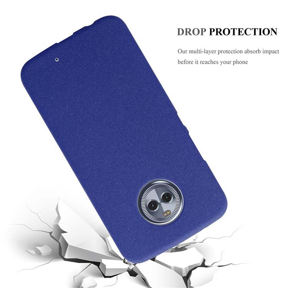 Funda azul para teléfono en ángulo, sobre suelo agrietado. Texto: Protección contra caídas.