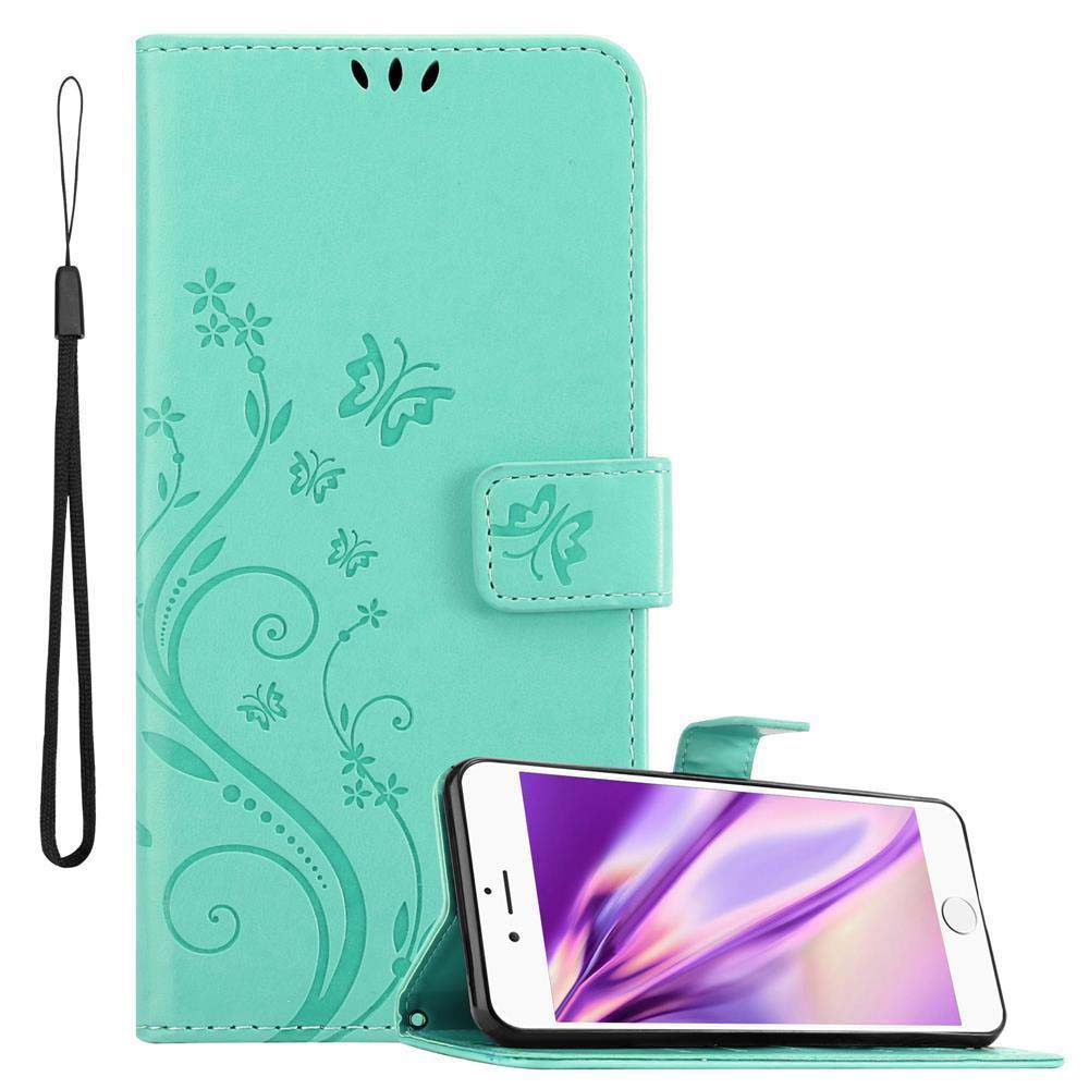 Türkisfarbene Handyhülle mit floralem Design und weißem Telefon. Mit Handschlaufe.