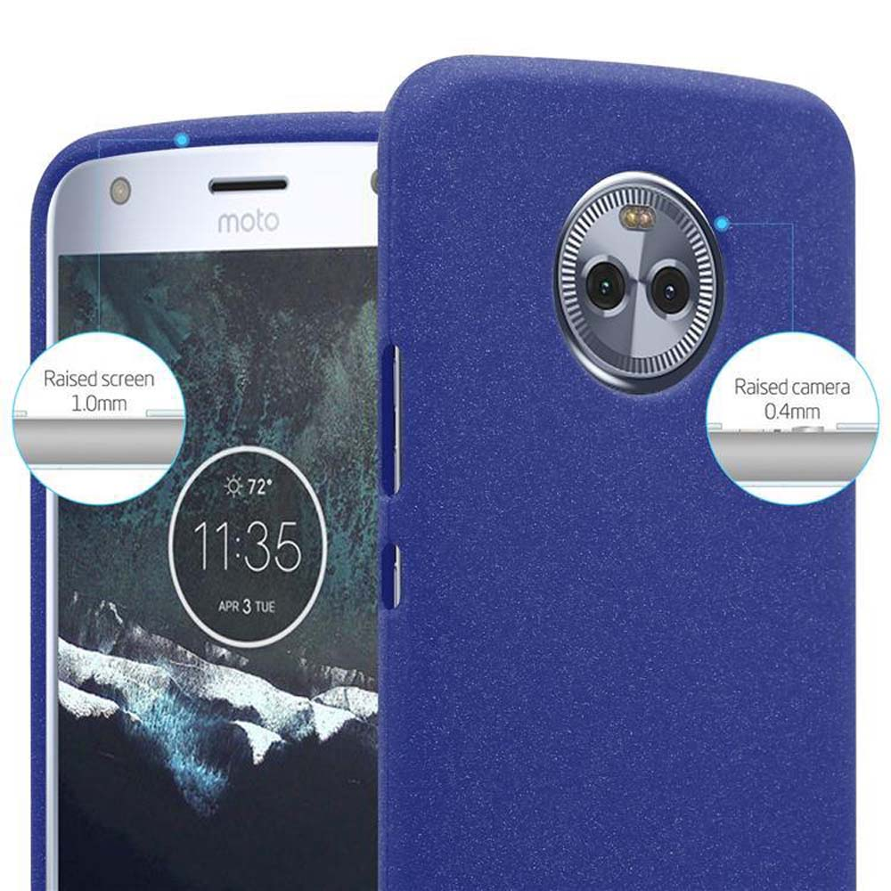 Teléfono azul con funda azul. La pantalla muestra la hora.